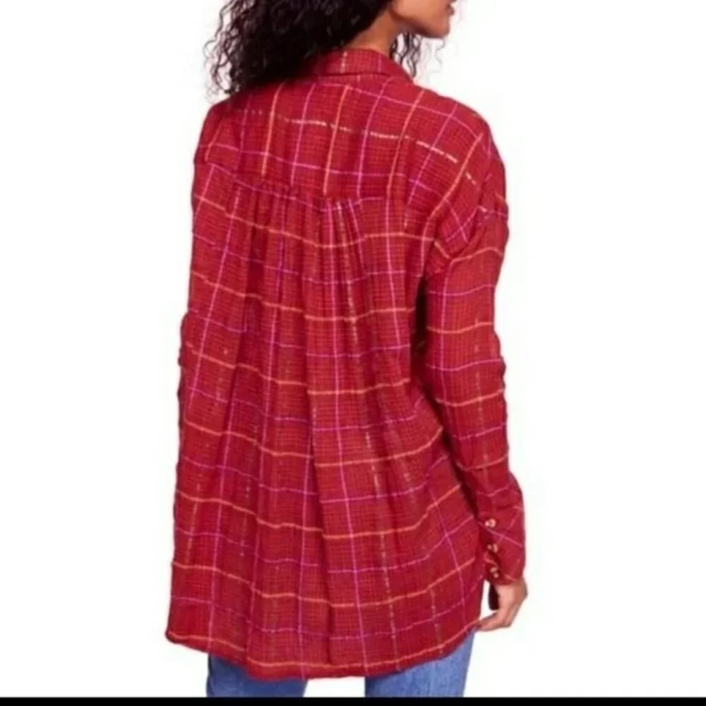Free People Break My Stripe Red Oversized Plaid Button Down Top